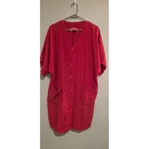 Vtg Herbcraft Chenille Robe Medium Red House Coat Button Pockets Swim Cover Y2K
